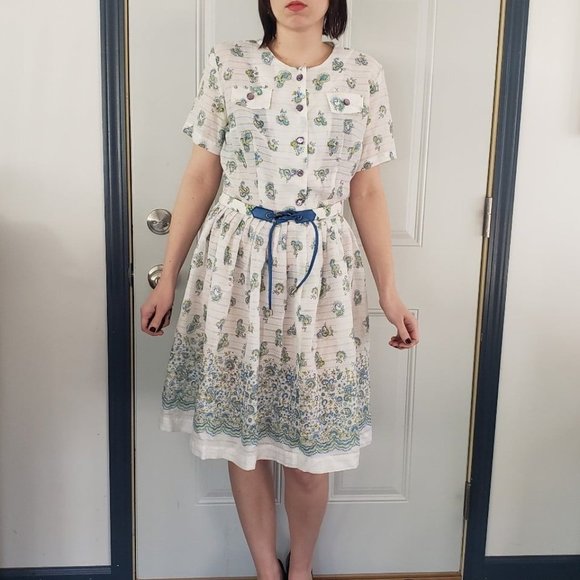 Vintage Dresses & Skirts - 60s Home Made White‎ and Blue Day Dress
